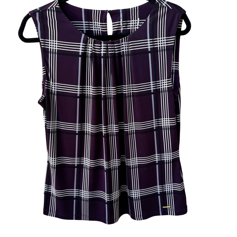 Calvin Klein Preppy Plaid Minimalist Pleated Neck Sleeveless Blouse Purple M